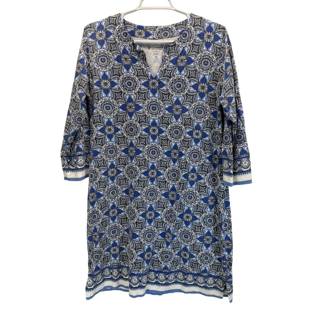 Coolibar Oceanside Tunic Dress Blue White Design Summer Beach Resort M